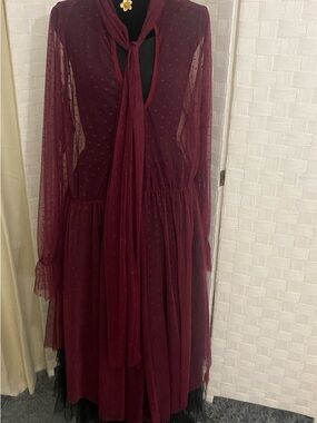 Sheer Burgundy Long-Sleeve Tie-Neck Dress